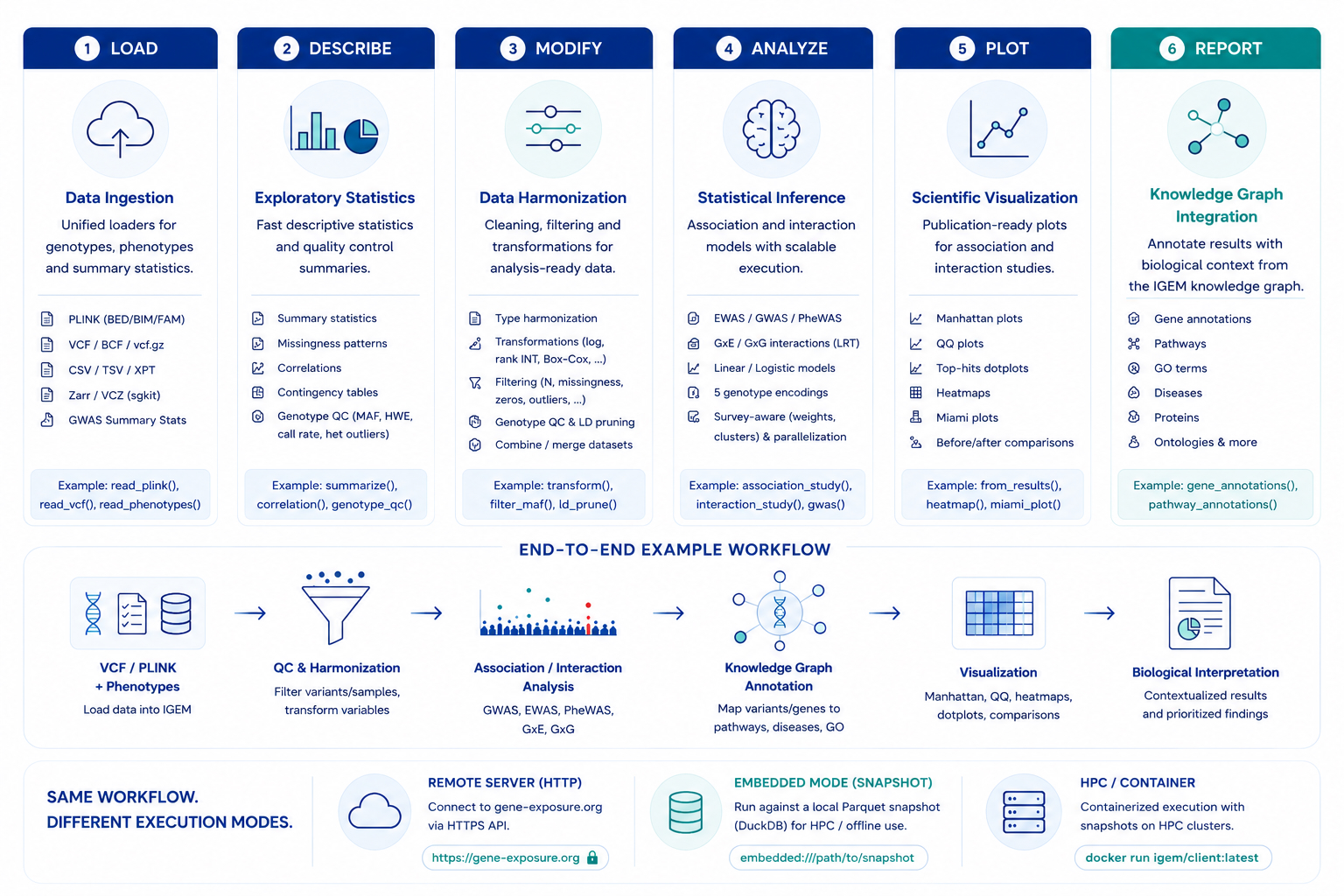 IGEM Client stack: six capability modules (Load, Describe, Modify, Analyze, Plot, Report) wrapping an end-to-end workflow from raw genotypes and phenotypes to biological interpretation. The same workflow runs in remote, embedded snapshot, or containerised modes.